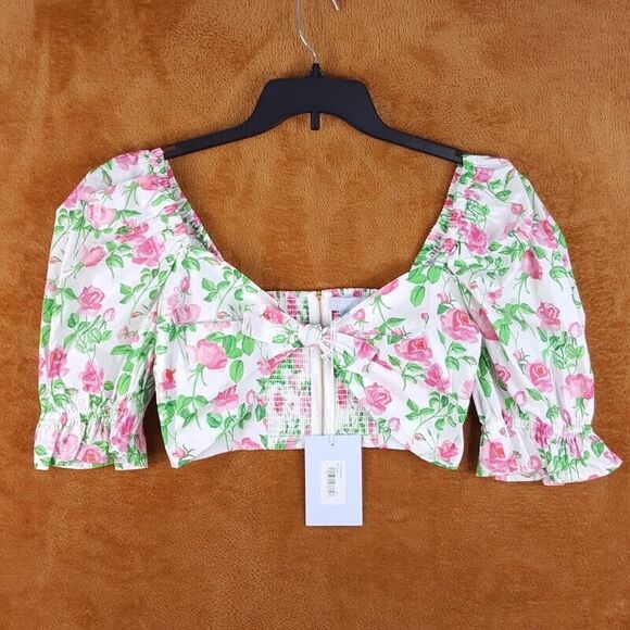 HILL HOUSE Womens Top Medium White Floral Crop Smocked THE ISABELLA Pink Roses - Picture 1 of 9